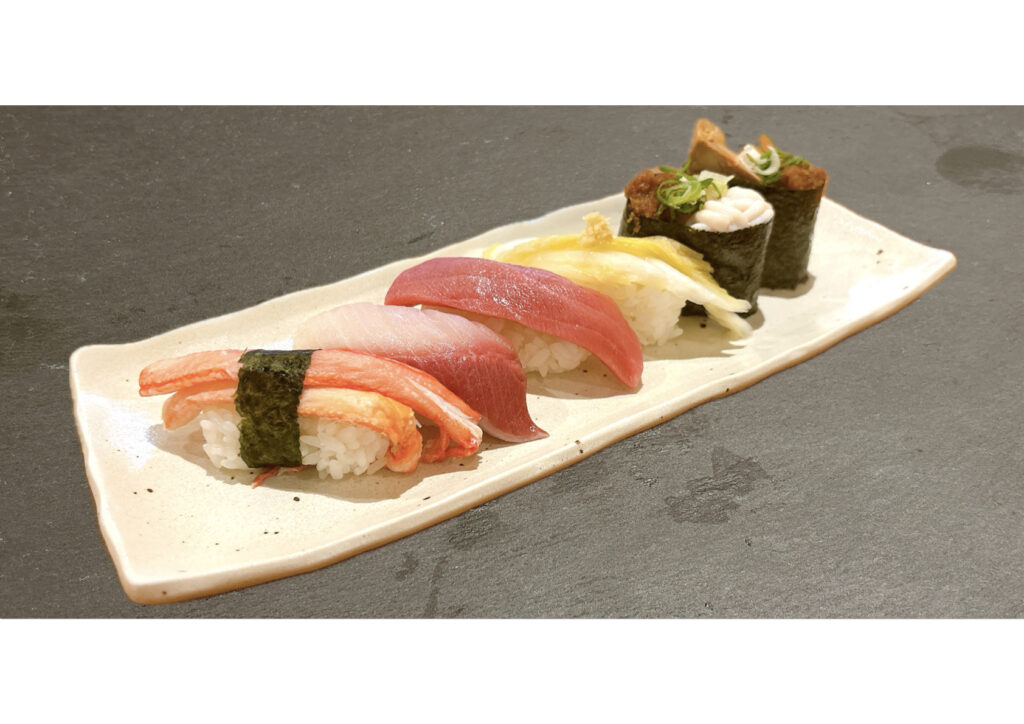 冬の６貫盛り(紅ずわいがに・ひろびろぶり・本まぐろ・やみつき白菜・たら白子・あん肝)